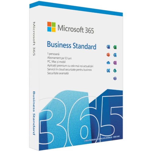 Licenta Microsoft 365 Business Standard 64-bit, Engleza, Subscriptie 1 An, 1 Utilizator, 1 TB stocare OneDrive per utilizator, Retail