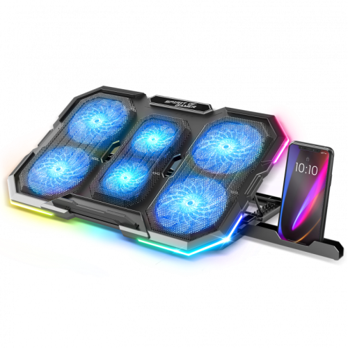 Stand/Cooler notebook Spirit of Gamer AIRBLADE 700 RGB, pana la 17.3 inch, 6 ventilatoare, 8 pozitii, iluminare LED Blue, Backlight RGB, suport de telefon